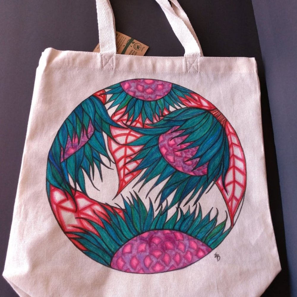 Handmade Reusable Tote Bag with Hand Drawn Green Sunflowers with Red Leaves NWT